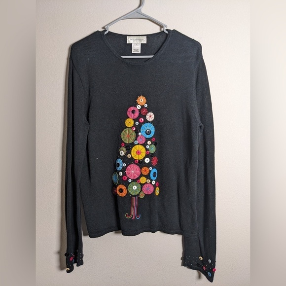 Susan Bristol Medium Embroidered Button & Felt Christmas Tree Pullover Sweater L - Picture 1 of 5